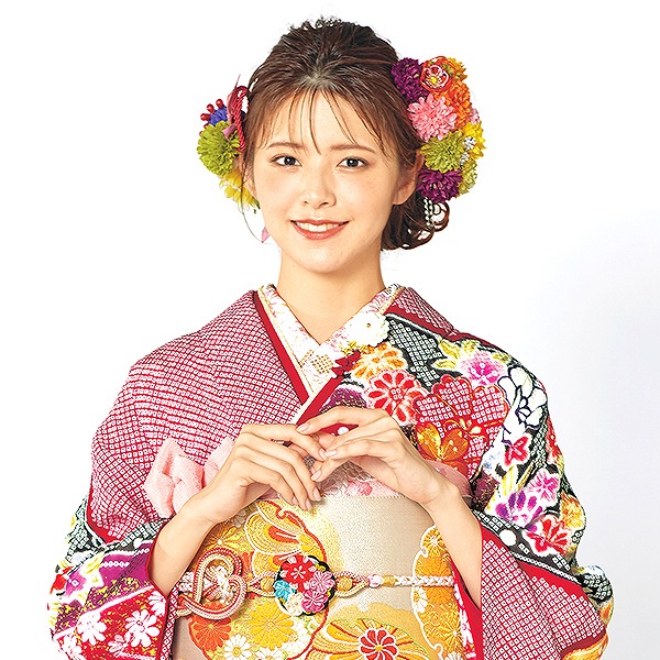 清楚古典花飾り付き重ね衿ネットレンタル　赤