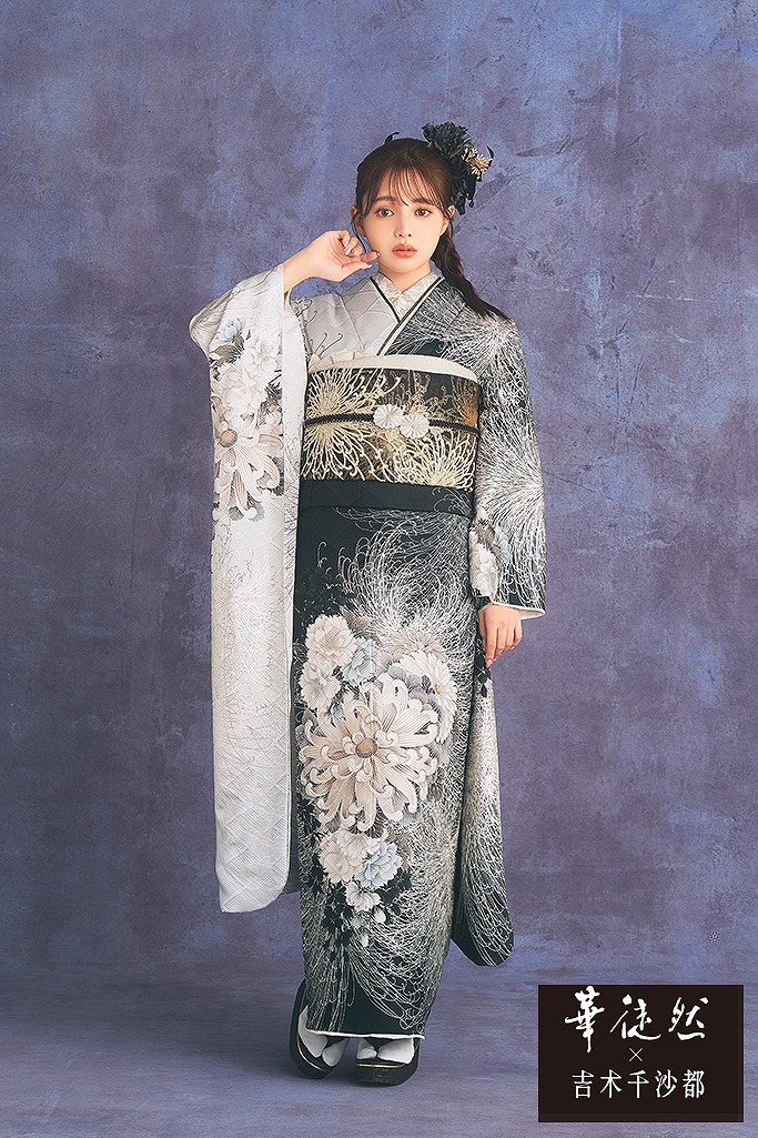 華徒然×吉木千沙都　黒/グレー　乱菊柄　かっこいい　大人っぽい　渋い　片身替わり【通販可】K1113