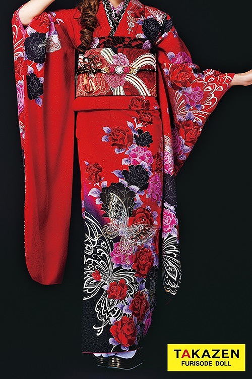 黒赤ツートン抽象模様着物ショール プチプラモード 赤/黒 蝶々柄