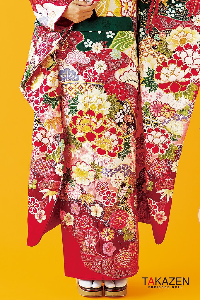 格安正統派古典　赤/グリーン(緑色)　牡丹柄　上品　大人かわいい　古典振袖ネットレンタル　華やか　32043