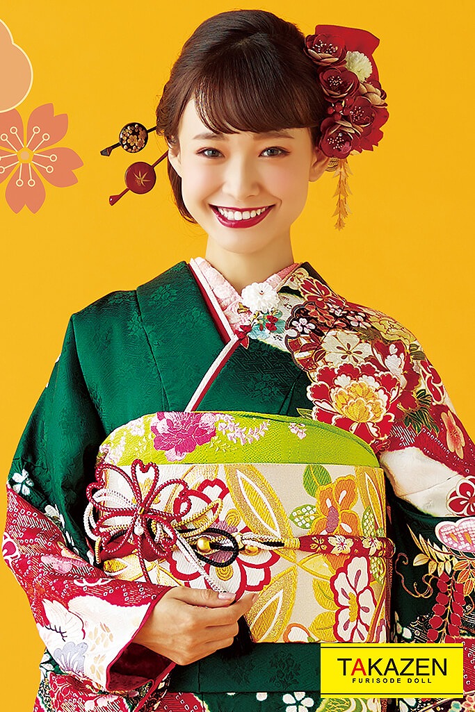 格安正統派古典　赤/グリーン(緑色)　牡丹柄　上品　大人かわいい　古典振袖ネットレンタル　華やか　32043