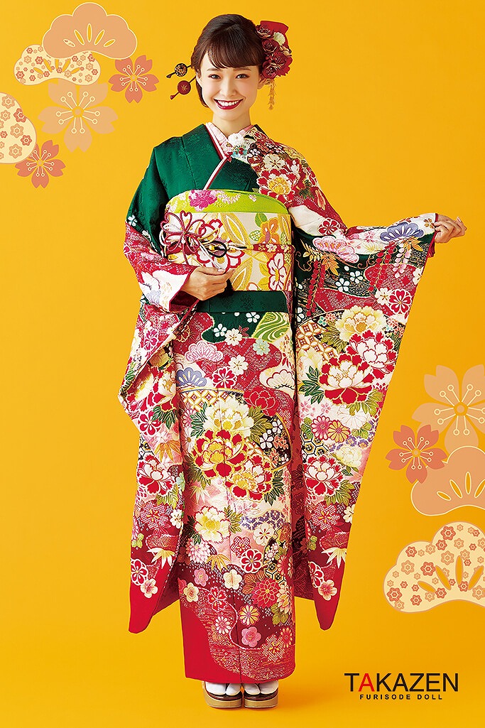 格安正統派古典　赤/グリーン(緑色)　牡丹柄　上品　大人かわいい　古典振袖ネットレンタル　華やか　32043