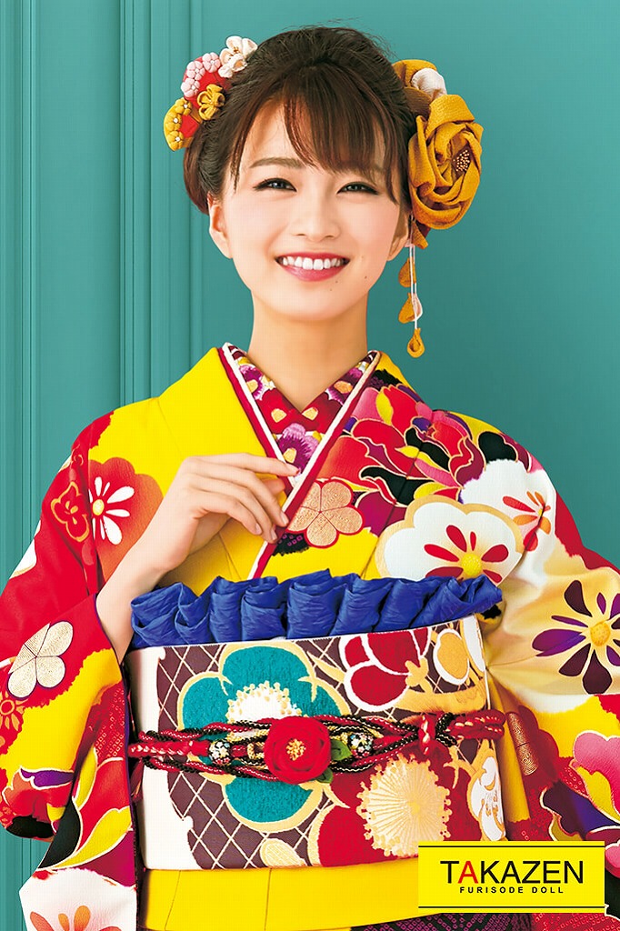 正統派古典　　黄色/からし/赤/青(ブルー)　梅柄/現代柄　個性的　おしゃれ　レトロ古典振袖ネットレンタル　　モダン　目立つ　#F0037