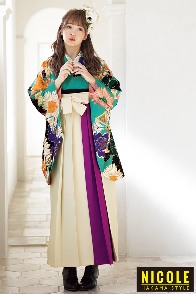 藤田ニコル(にこるん)袴ネットレンタル(大人気個性派コーデ)　エメラルドグリーン(緑色)　R21055
