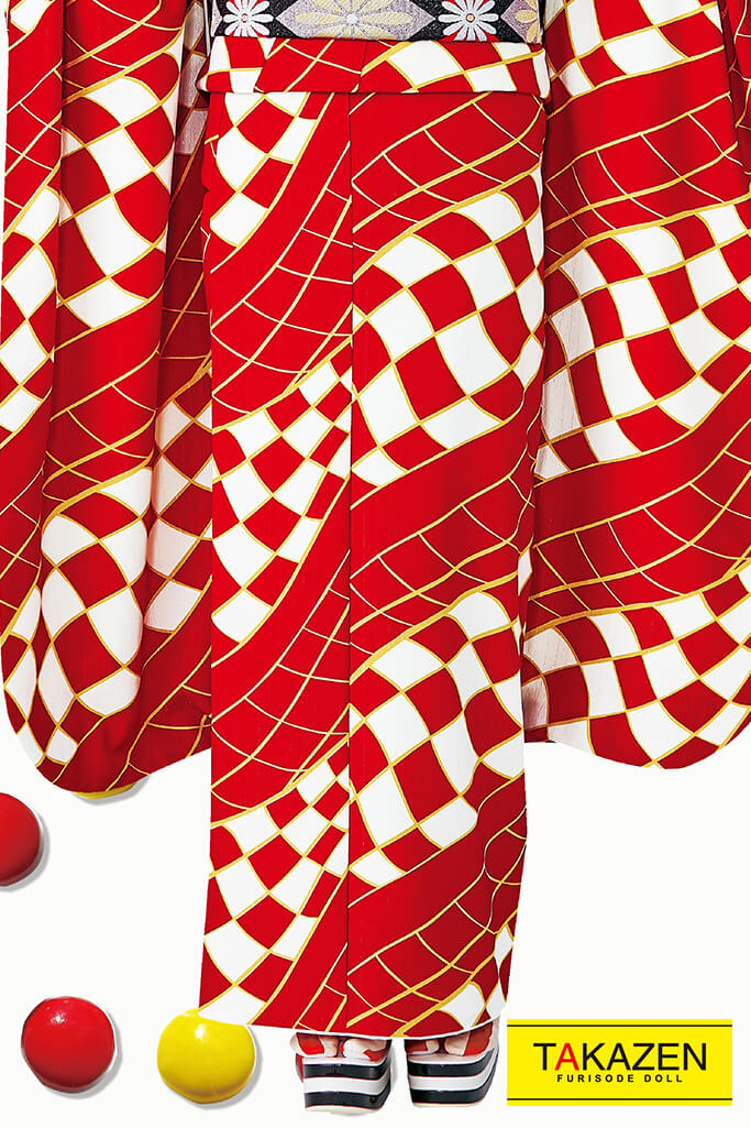 個性的レトロ幾何学模様振袖ネットレンタル(大正ロマン風紅白)　赤/白　32012