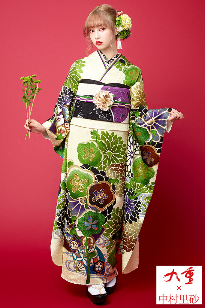 成人式人気振袖 着物 通販レンタル 中村里砂個性的レトロポップ古典 かわいい大柄 クリーム グリーン 黄緑 K0153 全国対応 振袖 レンタルならフリソデドール 成人式振り袖 卒業式袴レンタルno 1