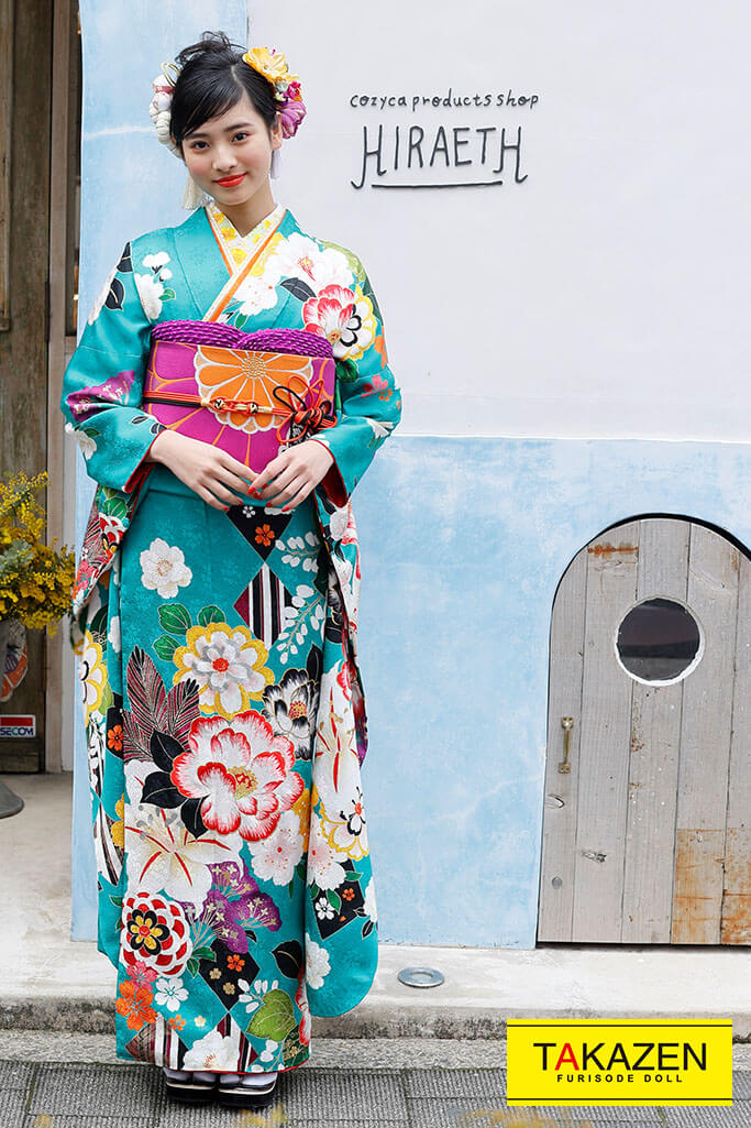 成人式人気振袖 着物 通販レンタル 華やかレトロポップ古典 個性的かわいい 黄 紫 エメラルドグリーン K0138 全国対応 振袖レンタルならフリソデドール 成人式振り袖 卒業式袴レンタルno 1