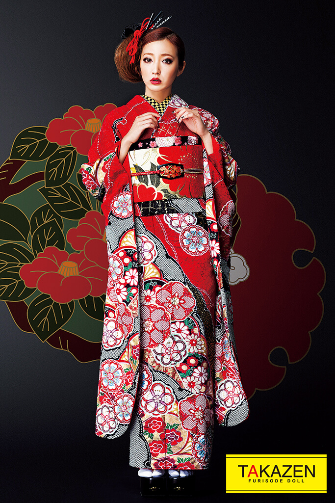 ジャパンモード　　赤/黒　絞り柄　高級　かっこいい振袖ネットレンタル　粋な花魁風　#F0104