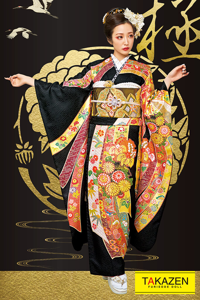 ジャパンモード　　黒/金(ゴールド)　熨斗柄　　最高級　豪華　上品　振袖ネットレンタル　21048