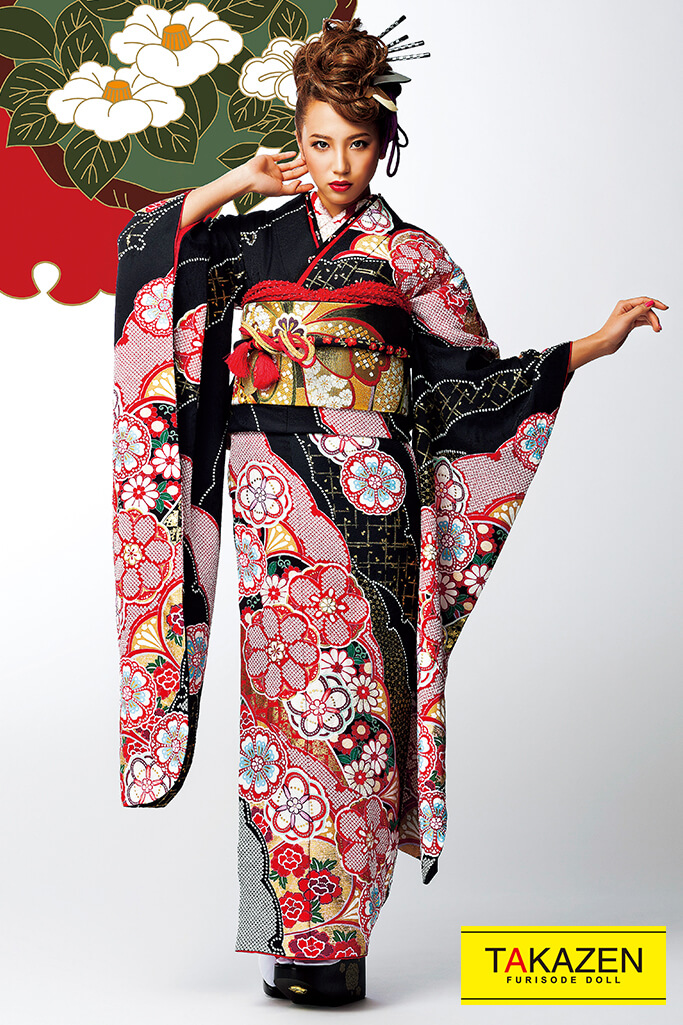 ジャパンモード　黒/赤　豪華絞り柄　渋い　かっこいい　極妻風振袖ネットレンタル　#F0105