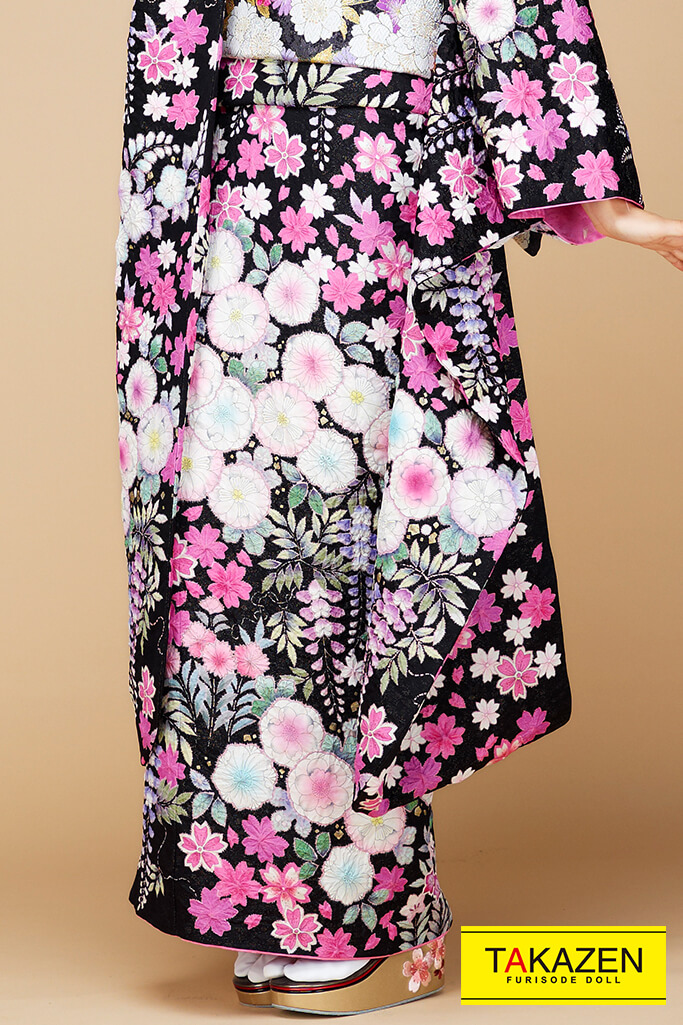 正統派古典　黒/ピンク/白　　辻が花柄/唐絞り　上品　かわいらしい振袖ネットレンタル　おしとやか　#F0048