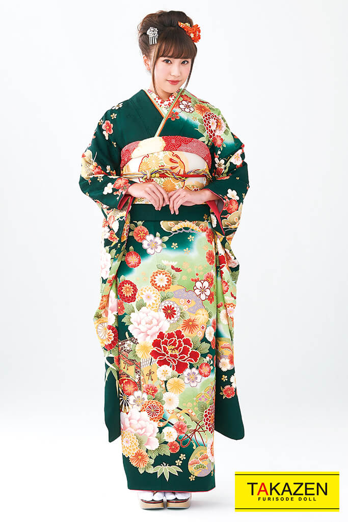 新品 未仕立て品 正絹 振袖 f-787-t 古典柄 緑 グリーン 金駒刺繍 刺繍