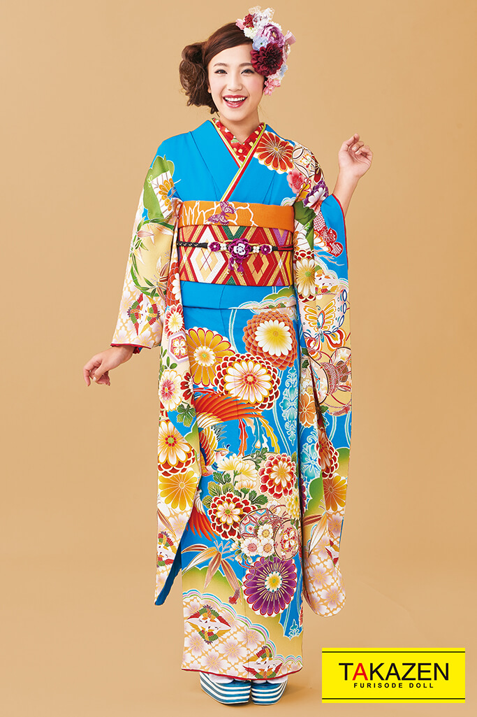 安いレトロ ブルー(水色)/オレンジ 菊柄 お得 レトロ古典振袖ネット 