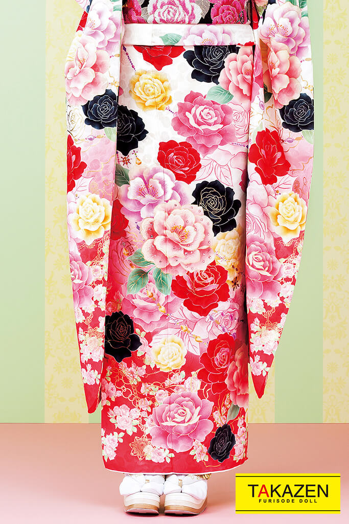 格安可愛い系　白/ピンク/黒　バラ柄　量産型　派手かわいい　振袖ネットレンタル　ガーリー　　#F0112