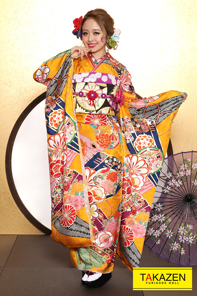 格安正統派古典　カラシ/ブルー(青色)　個性派　華やか　上品　古典振袖ネットレンタル　激安フルセット　　YK0113
