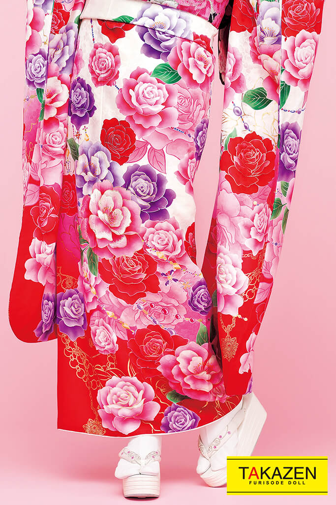 格安キュートガーリー　白/ピンク/赤　薔薇柄　量産型　かわいい　ゆるふわ　姫コーデ　プリンセス振袖ネットレンタル　32163