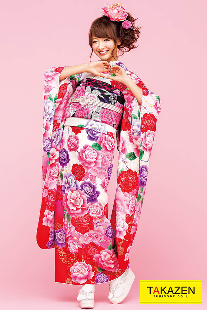 格安キュートガーリー　白/ピンク/赤　薔薇柄　量産型　かわいい　ゆるふわ　　地雷系振袖ネットレンタル　32163