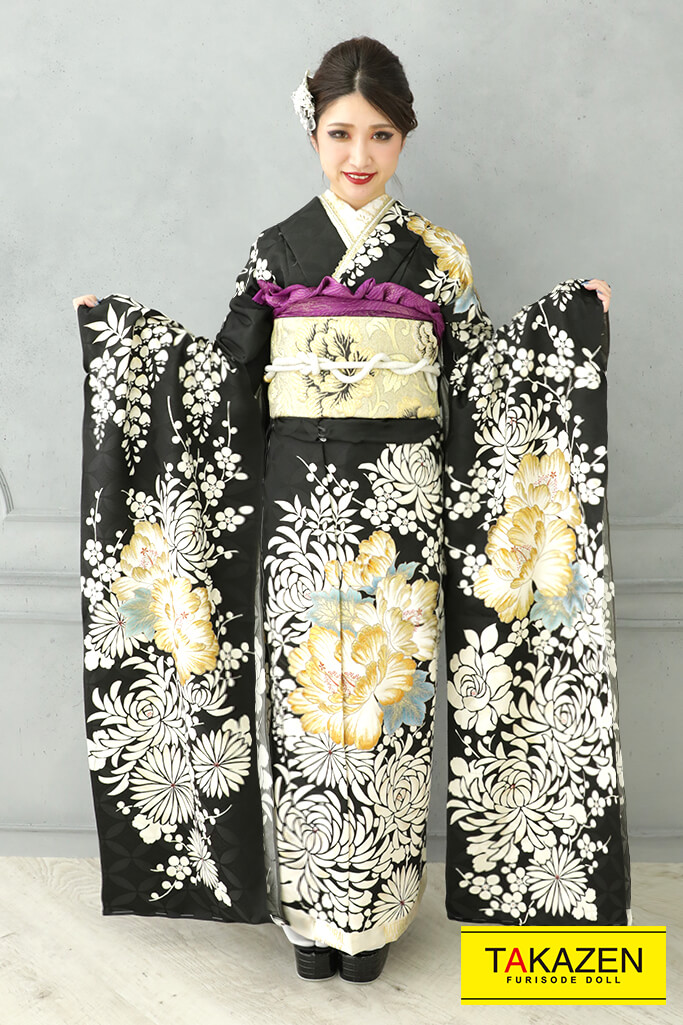 ジャパンモード　　白/黒/ゴールド(金色)　　牡丹柄　目立つ　個性的　大人　かわいい振袖ネットレンタル　人と被らない　YK0132