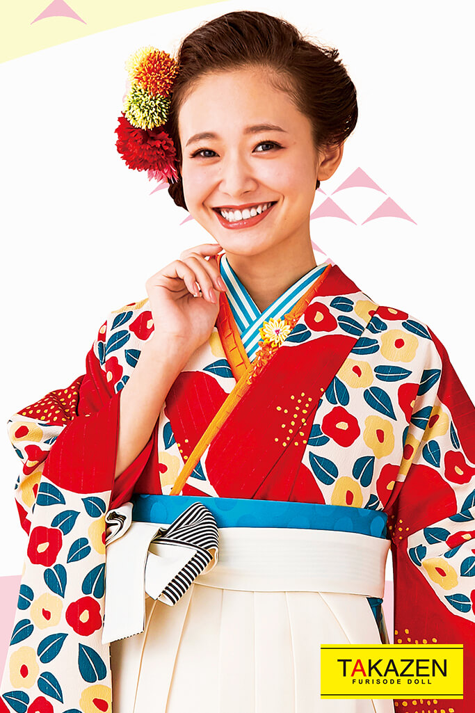 毎年大人気個性的レトロ袴ネットレンタル(可愛い椿柄)　赤/白/ブルー　R30054