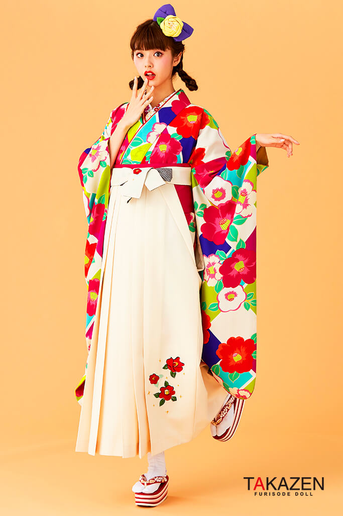 カラフルレトロ袴ネットレンタル(ポップな椿柄)　赤/オレンジ/白/グリーン(緑色)　R30052