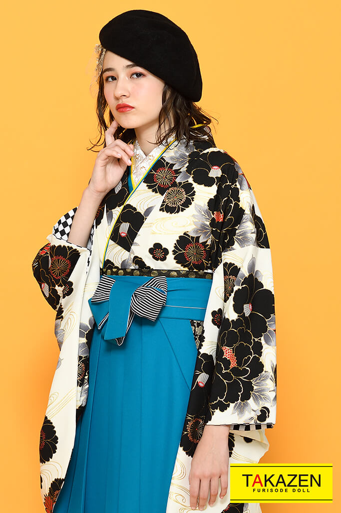 シンプル古典　白/黒/クリーム/赤　ボタン柄　大人っぽい袴ネットレンタル　派手　かっこいい　K21023