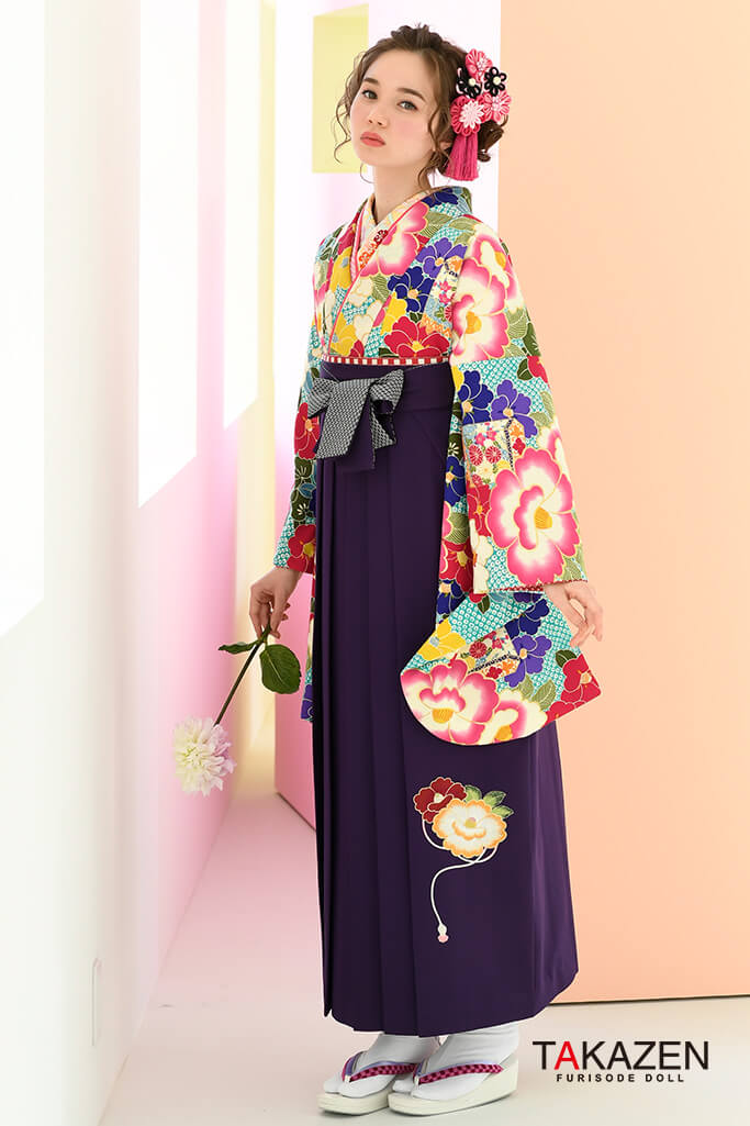 人気清楚かわいい古典袴ネットレンタル(おしゃれツバキ柄)　紫/ピンク/ブルー(水色)　K32042