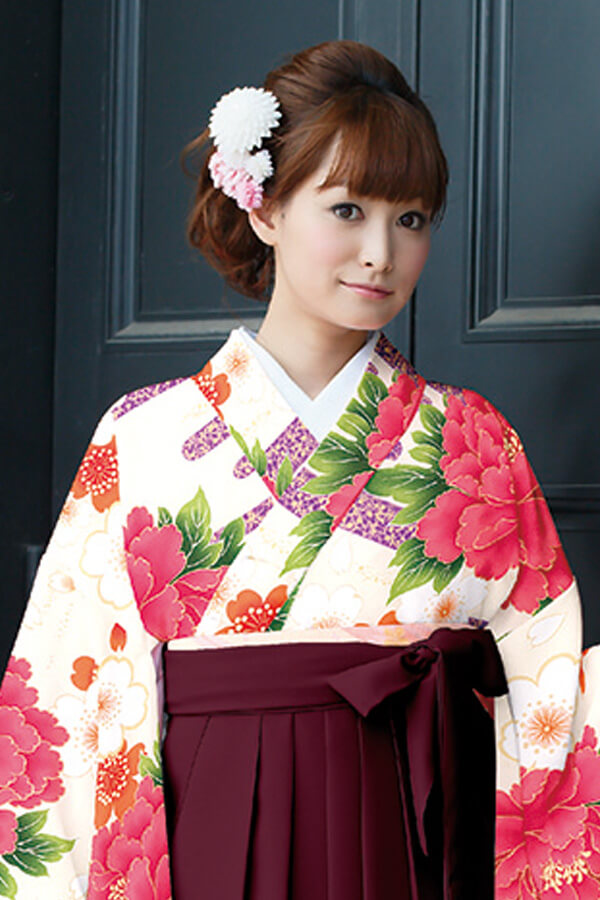 大人かわいい古典袴ネットレンタル(上品清楚大きい牡丹柄)　白/ピンク/赤　K30028