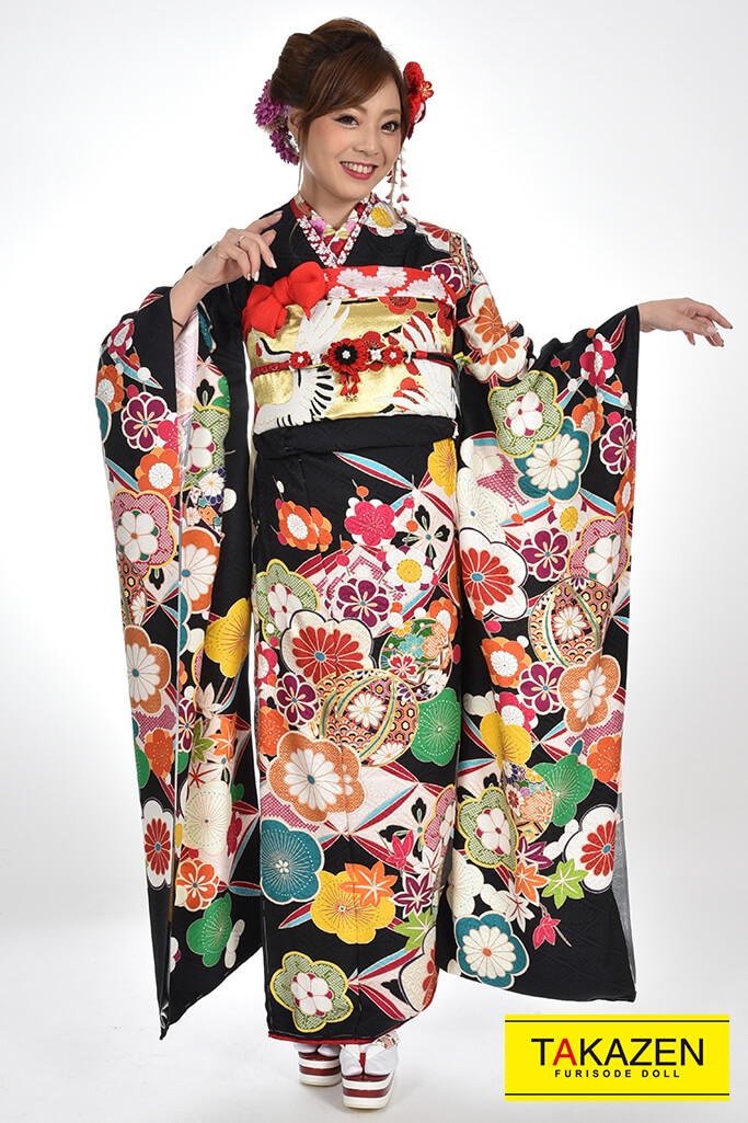 振袖フルセット【黒・ブラック・古典柄・華やか・花】 直販人気商品 