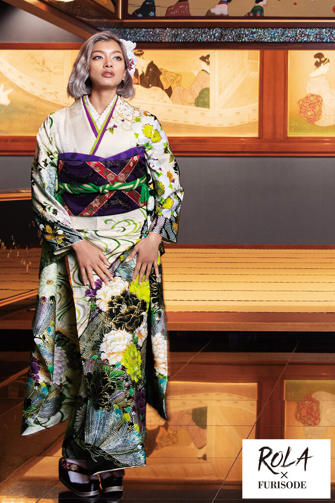 成人式人気振袖 着物 通販レンタル ローラ豪華かっこいい古典 華やか牡丹柄 白 クリーム グリーン 黄緑 K0178 全国対応 振袖レンタルならフリソデドール 成人式振り袖 卒業式袴レンタルno 1