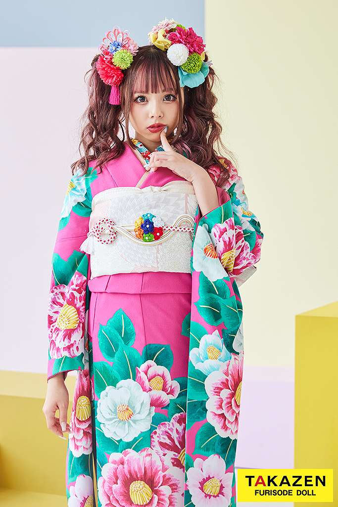 レトロポップ　　ショッキングピンク/エメラルドグリーン　大柄/椿柄　華やか　かわいい　個性的　派手色　ギャル　今日好き♡あいさちゃん　LB20
