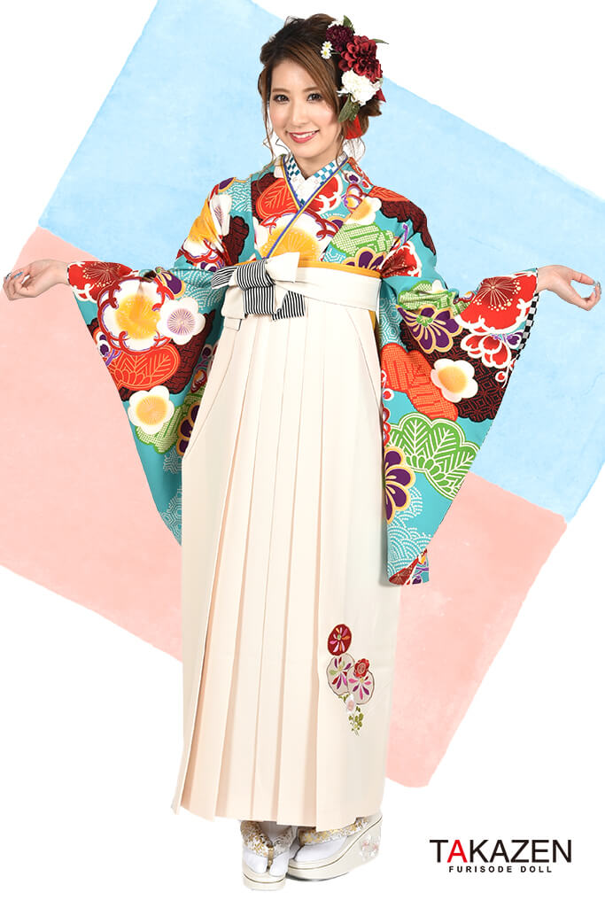 レトロ　ブルー(水色)　派手かわいい袴ネットレンタル(おしゃれ松模様)　R30015