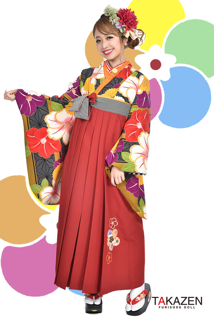 人と被らない個性的レトロ袴ネットレンタル(大人可愛い)　紺/からし/赤/紫/黒　R30016
