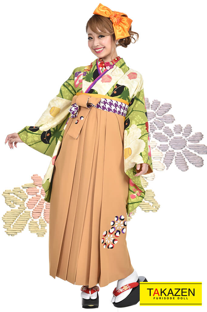 レトロ　黄緑　椿柄　大柄　人気袴ネットレンタル　個性的　可愛い　R30020