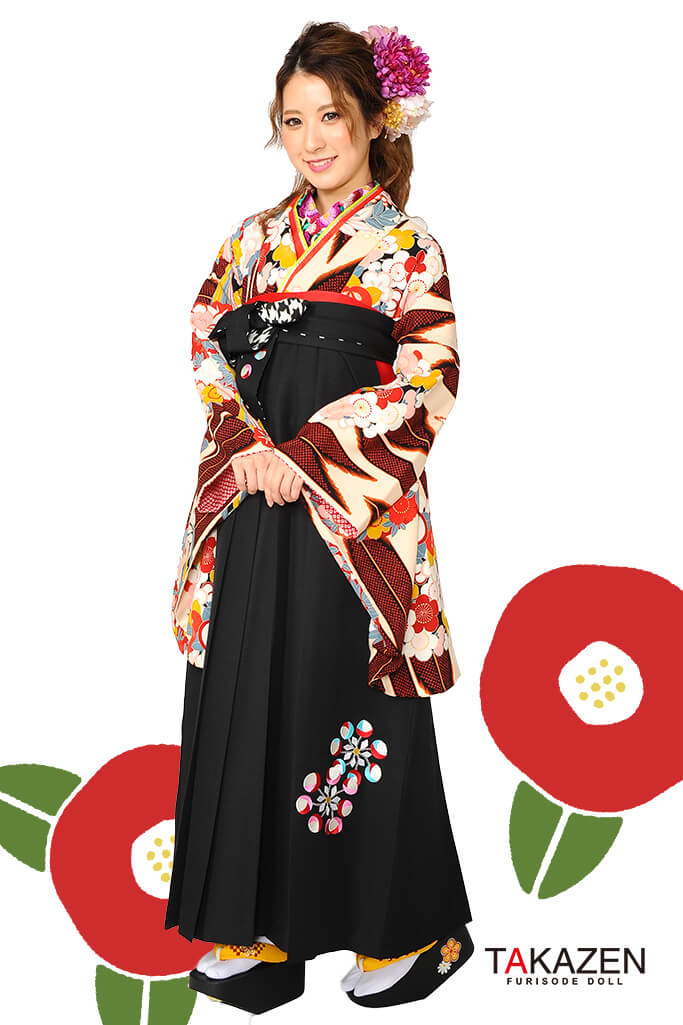 レトロ　エンジ/クリーム　矢絣柄　大人　可愛い袴ネットレンタ　上品　古典風　R30043