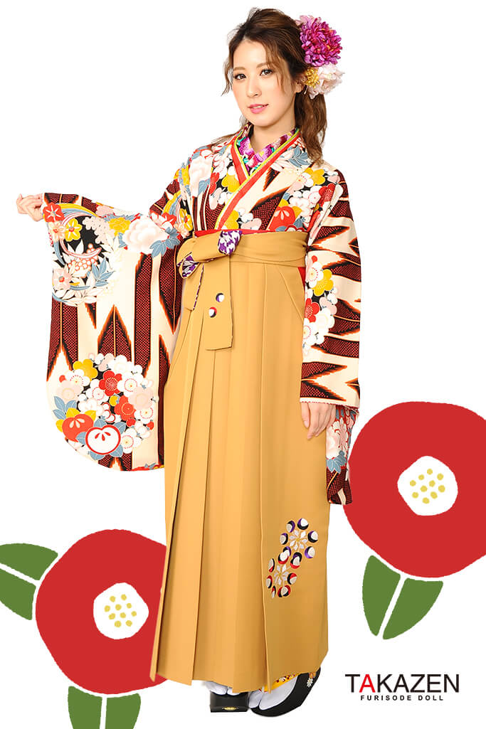 レトロ　エンジ/クリーム　矢絣柄　大人　可愛い袴ネットレンタ　上品　古典風　R30043
