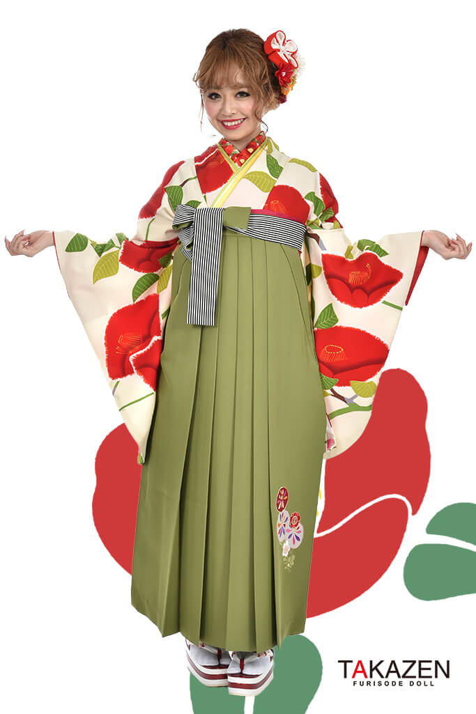 毎年大人気個性的レトロ袴ネットレンタル(可愛い椿柄)　赤/アイボリー/白　RY006