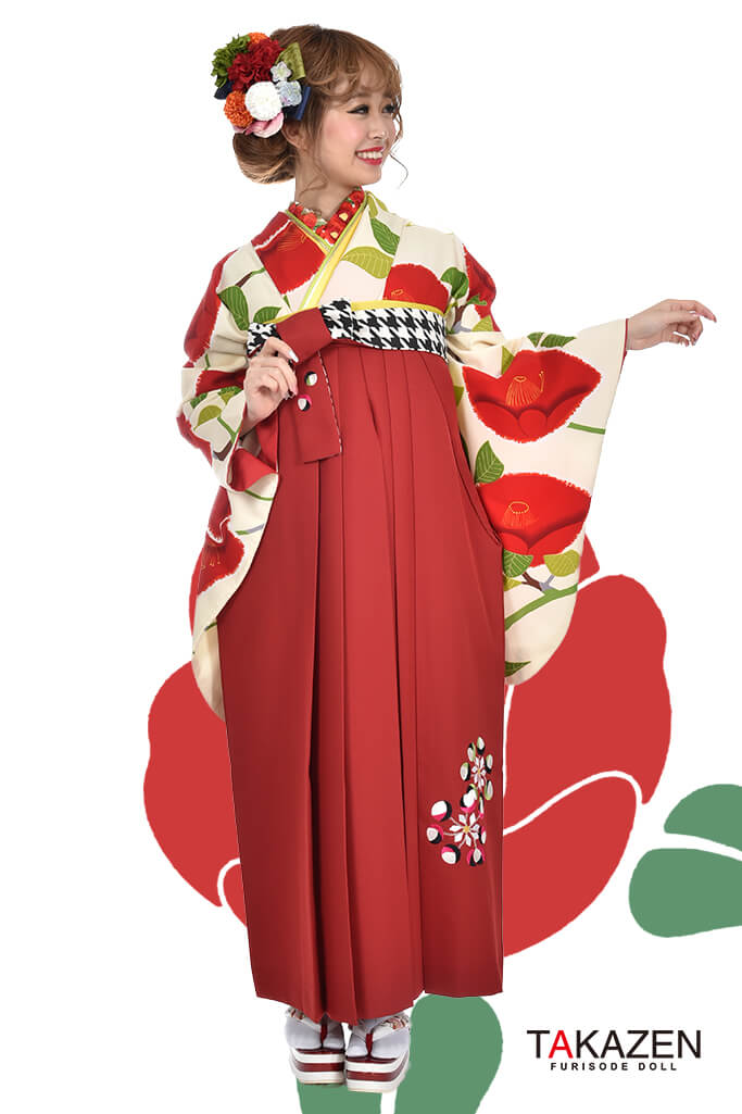 レトロモダン　赤/アイボリー/白　毎年大人気個性的レトロ袴ネットレンタル(可愛い椿柄)　RY006