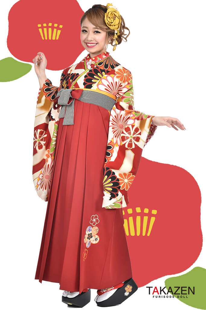 レトロポップ　アイボリー/赤/オレンジ　個性的袴ネットレンタル(可愛い花柄)　RY025