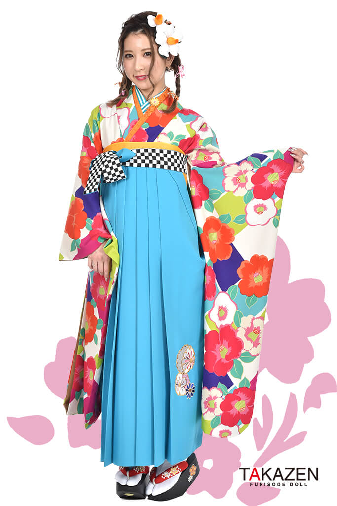 カラフルレトロ袴ネットレンタル(可愛い椿柄)　ブルー(水色)カラフル　RY045