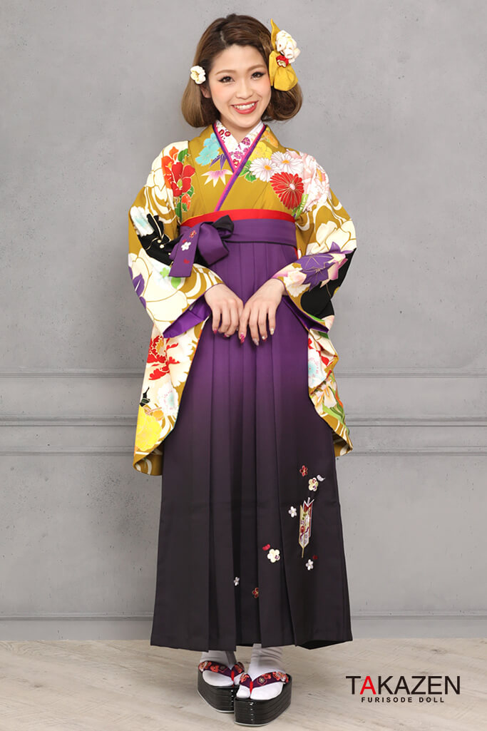 正統派古典　からし/黄土色/黒　和柄　可愛い　古典風　人気　ちはやふる　個性的袴ネットレンタル　K31055