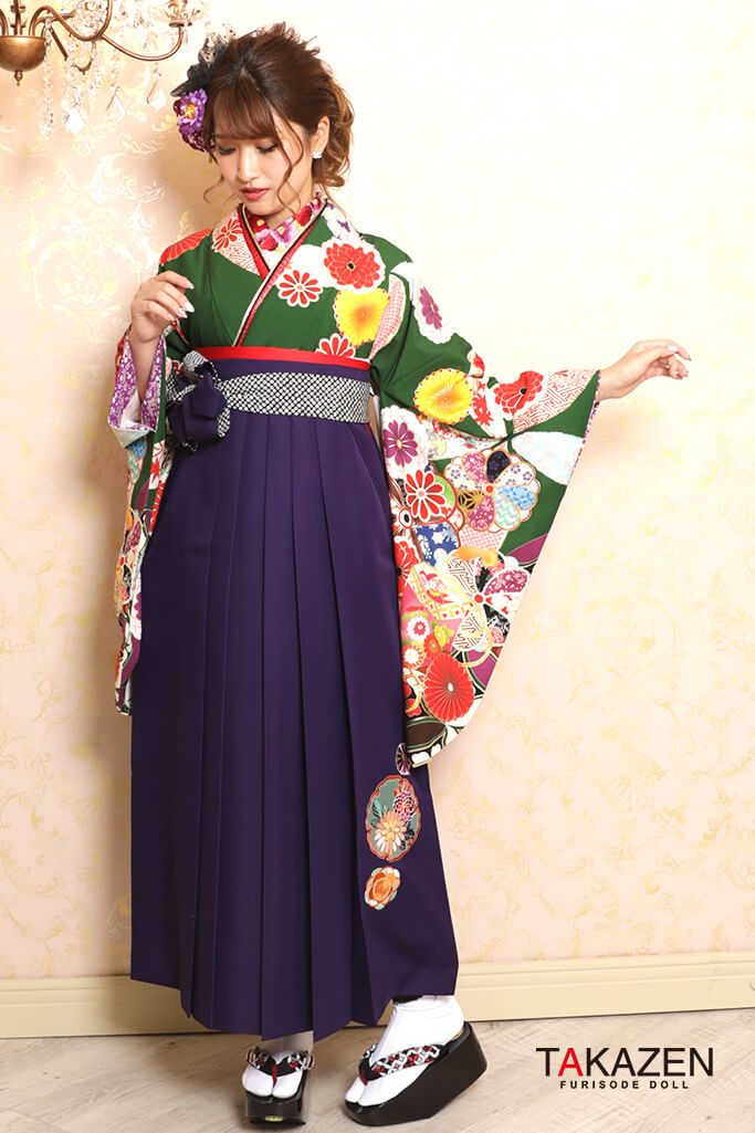 清楚古典　白/グリーン(緑色)　古典柄　はんなり　華やか袴ネットレンタル　かわいい　K32026