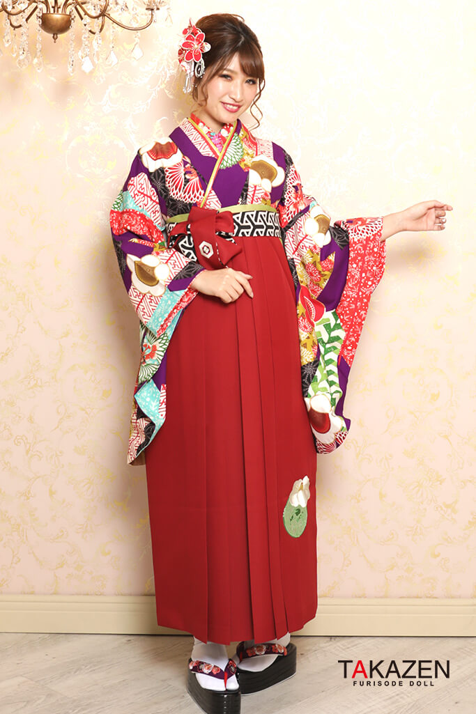 個性派古典　パープル(紫)/白/赤　ポップな袴ネットレンタル(かわいい梅柄)　K32028