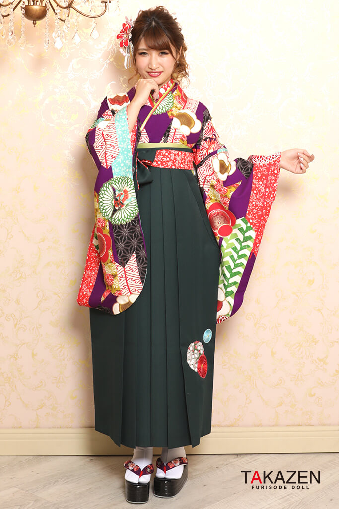 個性的ポップな古典袴ネットレンタル(かわいい梅柄)　パープル(紫)/白/赤　K32028