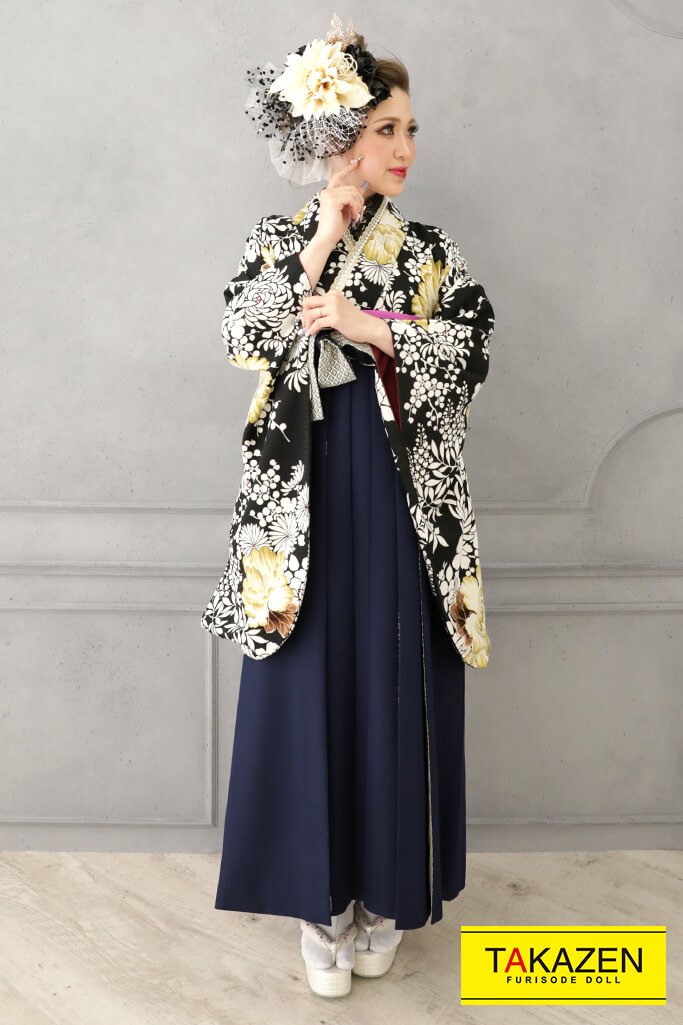 クール系　黒/白/ゴールド(金色)　オシャレ　かっこいい　ナチュラルビューティー袴ネットレンタル　モノトーン　R21045