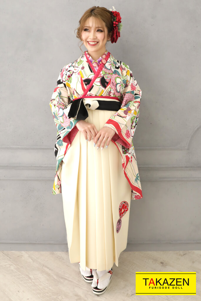 トレンド淡い色袴ネットレンタル(清楚な花柄)通販可　クリーム/ピンク　R32013