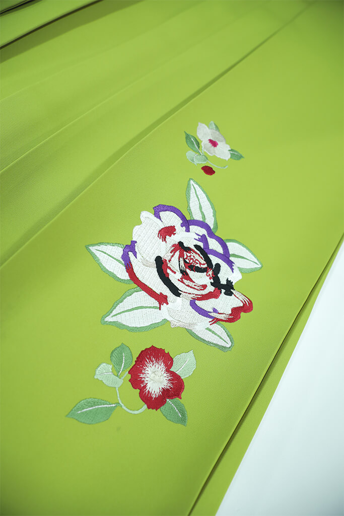 レトロポップ　紫/グリーン(緑色)　大正ロマン風袴ネットレンタル(ポップな椿柄)　R32022