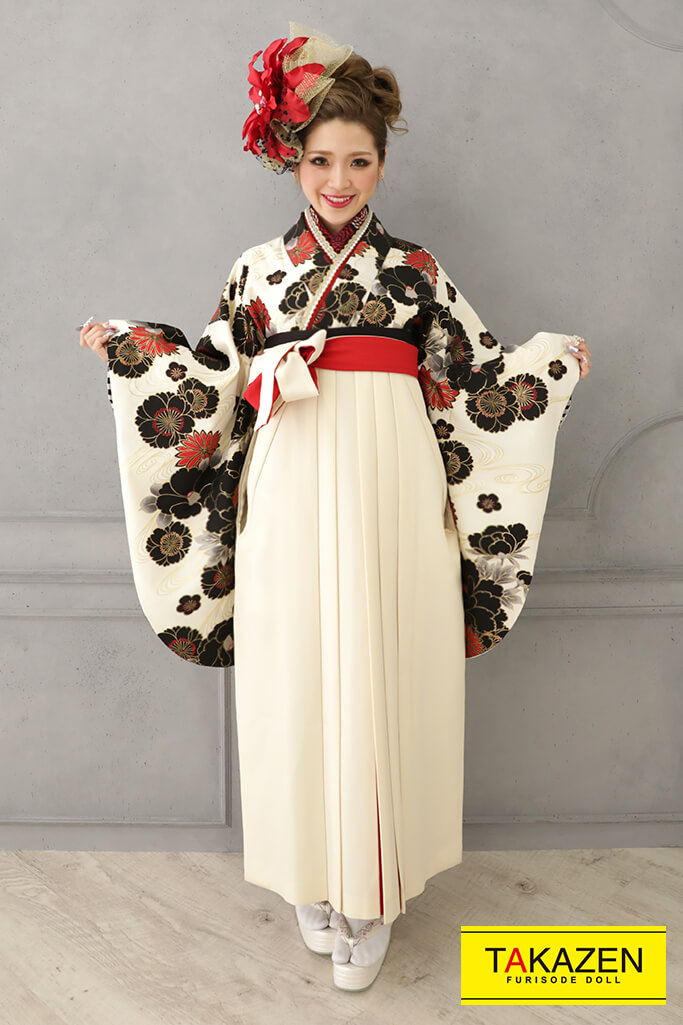 シンプル大人っぽい古典袴ネットレンタル(派手かっこいい)　白/黒/クリーム/赤　K21023