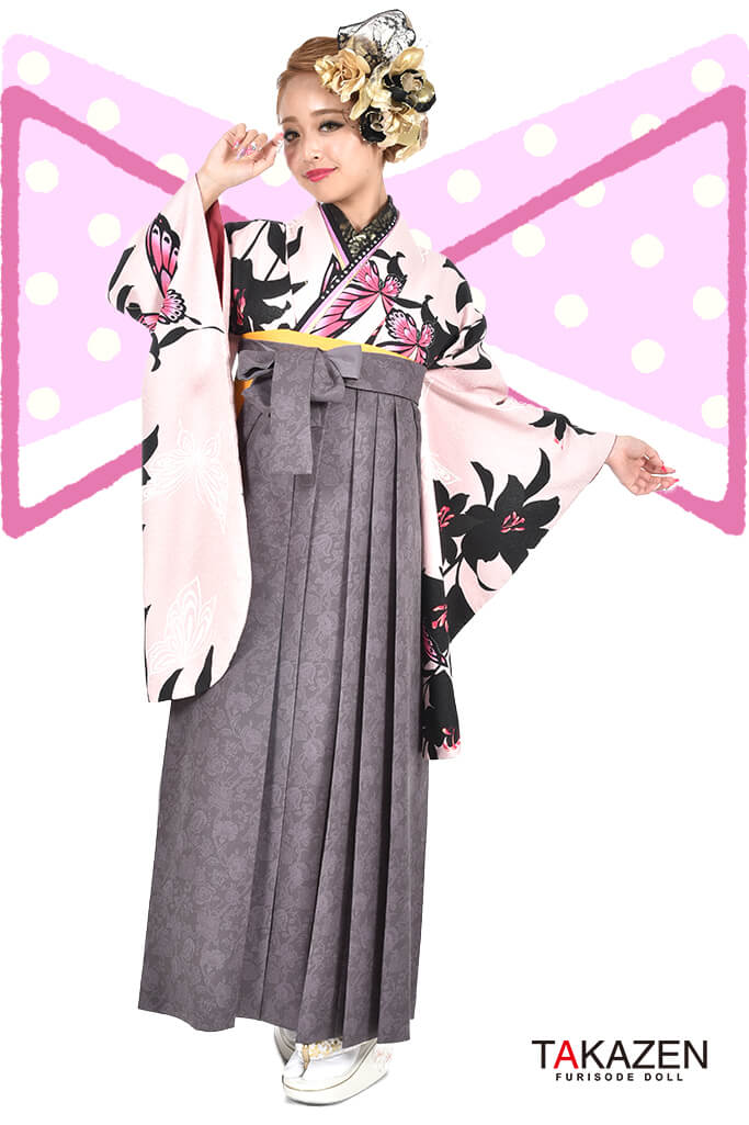 被らない派手かわいい袴ネットレンタル(目立つ蝶々柄)　ピンク/紫/黒　RY100