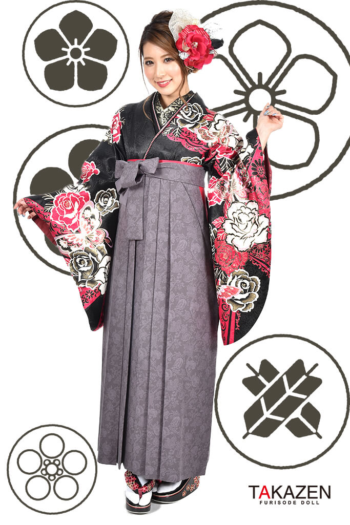 グラマラス　黒/白/赤/ピンク　人気派手可愛い袴ネットレンタル(目立つバラ柄)　RY102