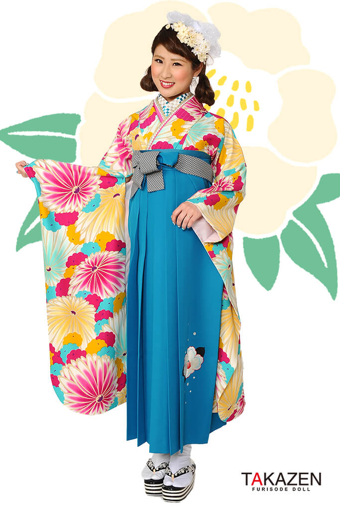 レトロポップ　ブルー/ピンク　人気個性的袴ネットレンタル(派手可愛い菊柄)　RY057
